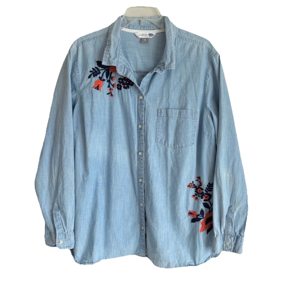Old Navy Chambray Floral Embroidered Long Sleeve Button Up XXL